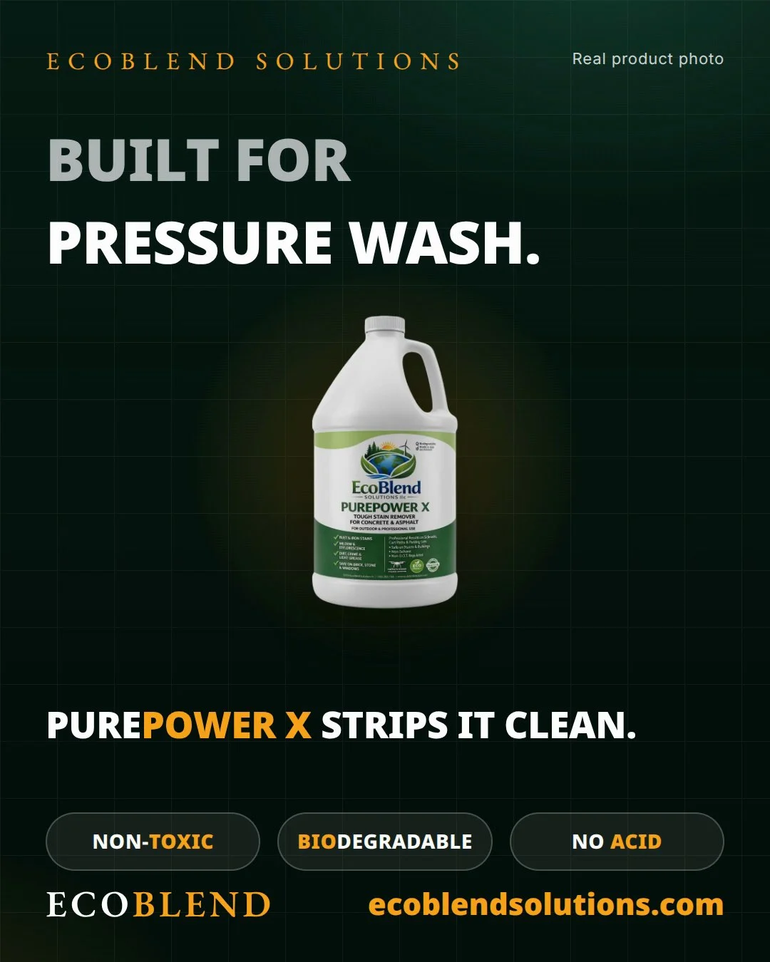 PUREPOWER X product poster: built for pressure wash — non-toxic, biodegradable, no acid tough stain remover for concrete and asphalt