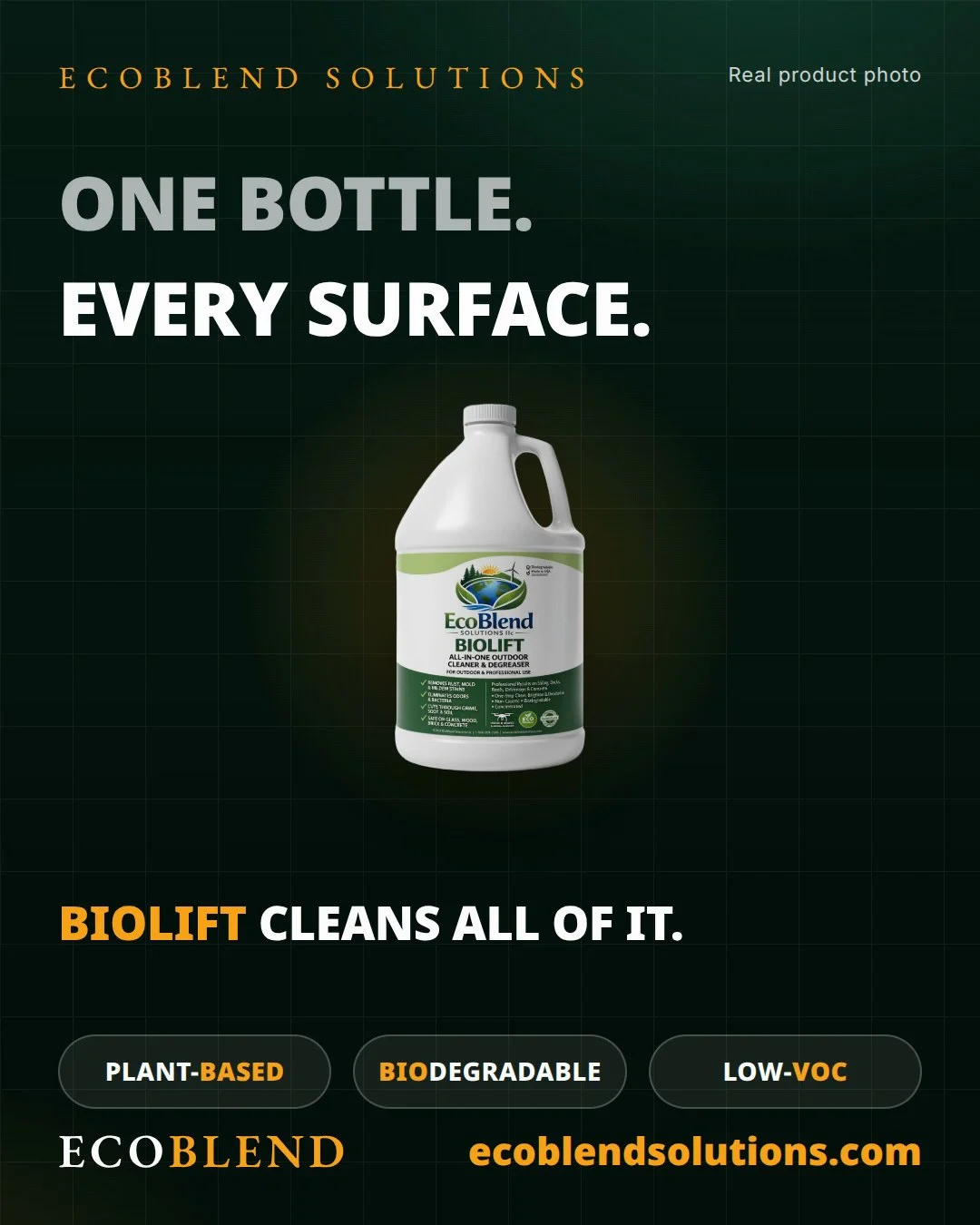 BIOLIFT all-in-one outdoor cleaner and degreaser poster: one bottle, every surface — plant-based, biodegradable, low-VOC