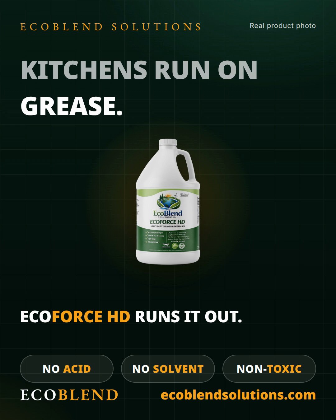 EcoBlend Solutions poster: Kitchens run on grease — ECOFORCE HD runs it out. No acid, no solvent, non-toxic.
