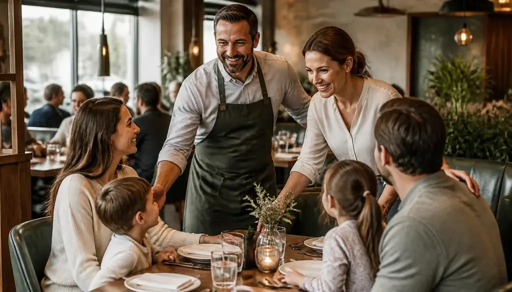 Restaurant consultants working with family owner-operators greeting guests at a table