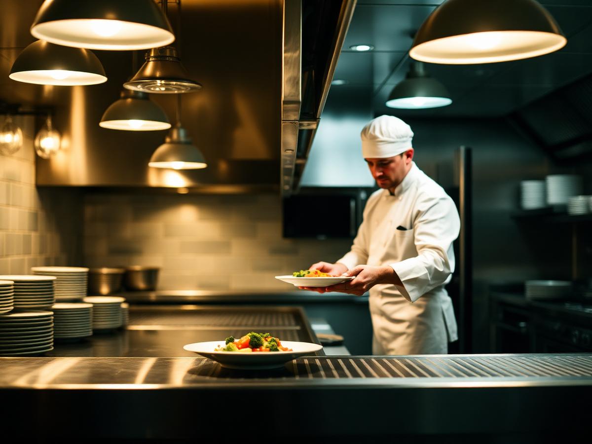 Chef plating a dish at the kitchen pass