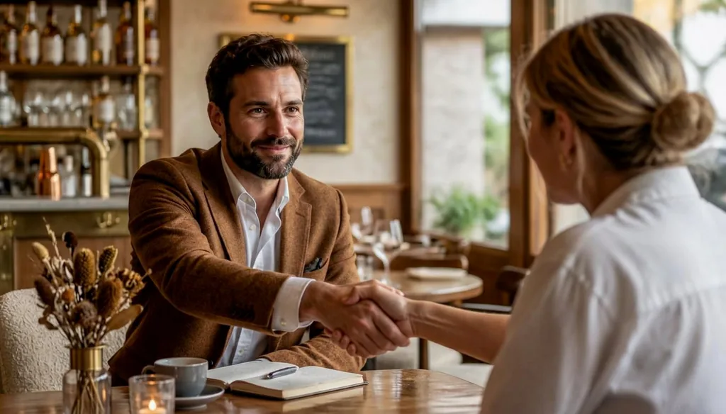 Hospitality consultant meeting a restaurant owner at a bistro table