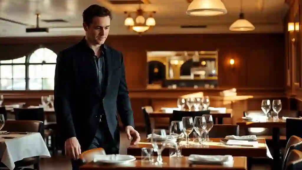 Hospitality management: a general manager walking the dining room and checking table settings before service