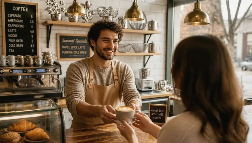 Monthly hospitality support programs: barista serving a latte at a coffee shop counter