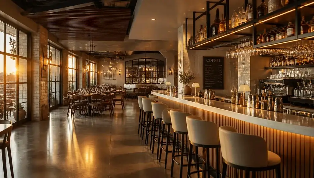 Hospitality consulting sectors: bar, bistro dining and coffee counter in one space