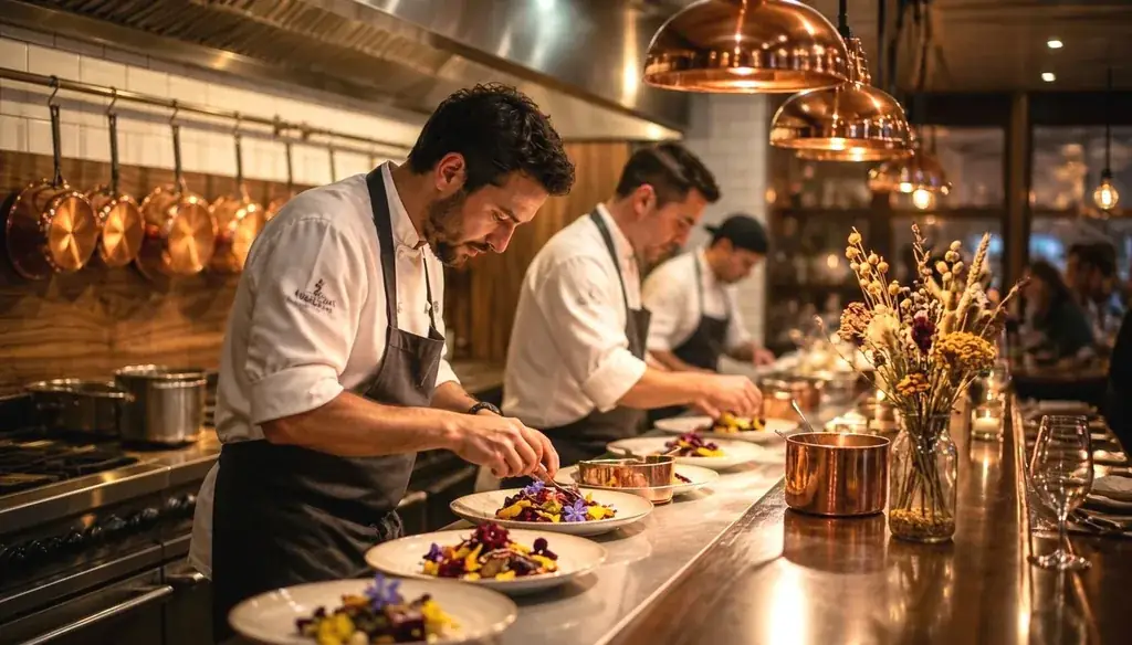 Restaurant operations consulting: open kitchen line with chefs plating during service