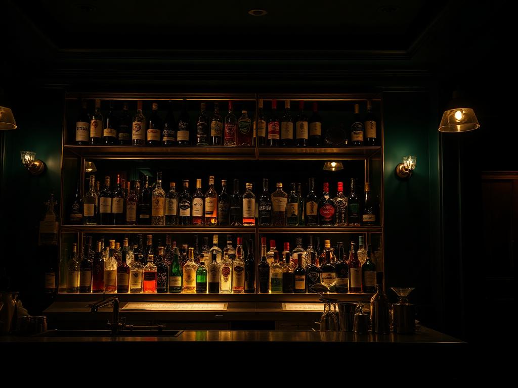 Moody cocktail bar back bar with brass shelving and bottles