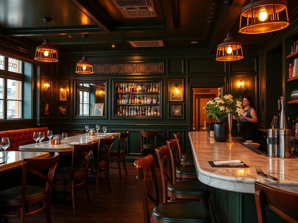 Warm bistro dining room with marble bar and green panelling