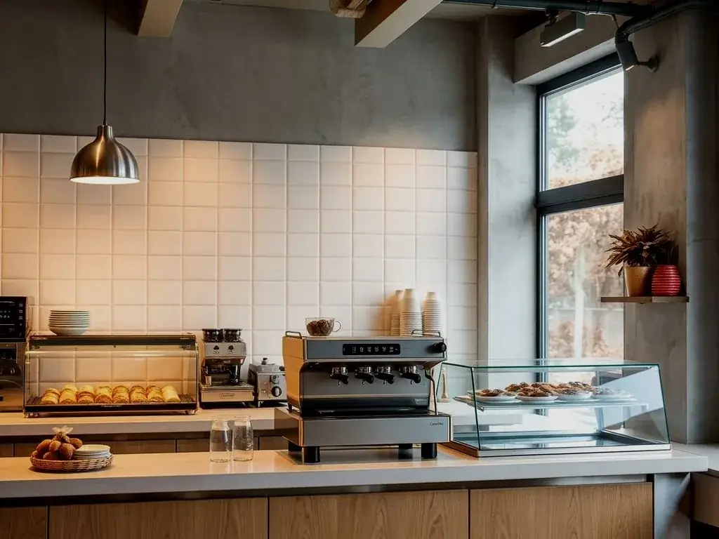 Coffee shop consulting: specialty café counter with espresso machine and pastry case