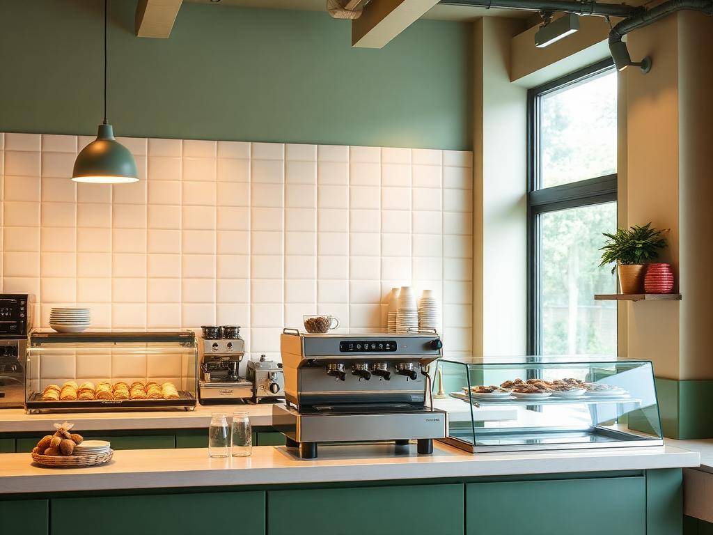 Specialty coffee shop counter with espresso machine and pastry case