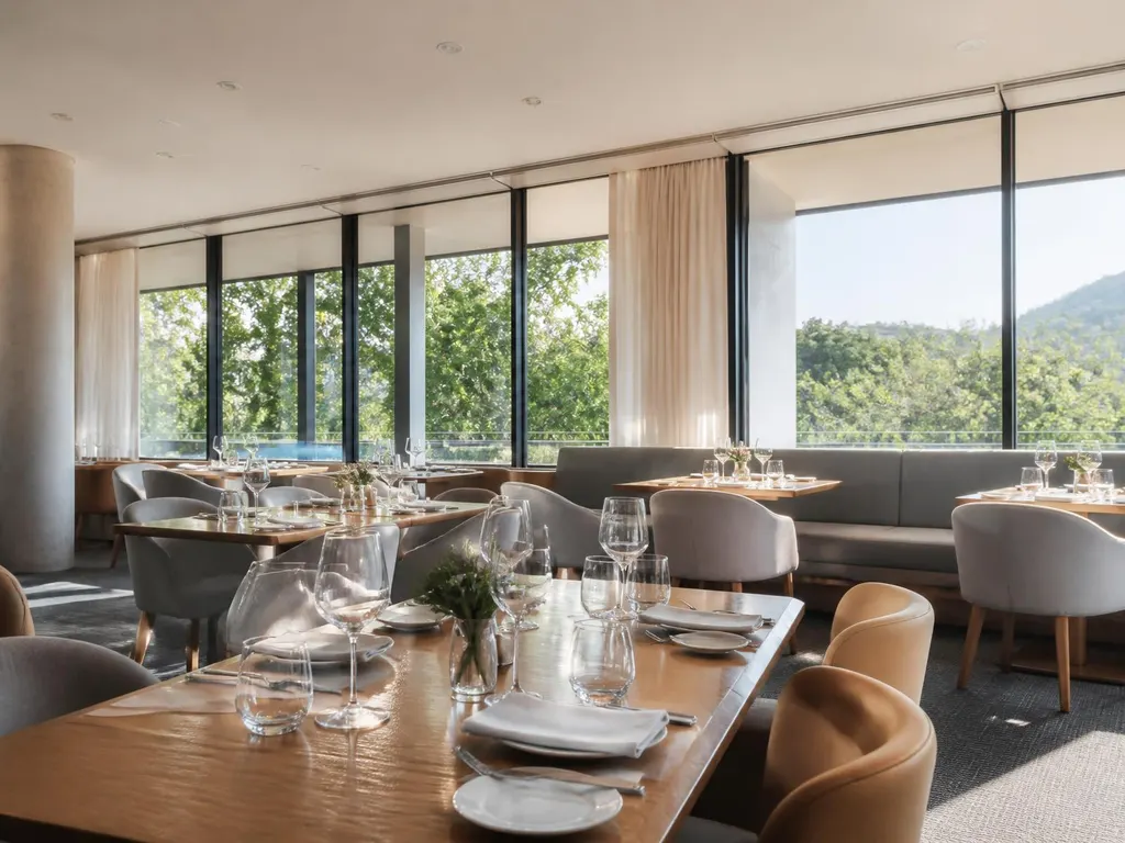 Clean restaurant dining room with polished tables, glassware and spotless windows