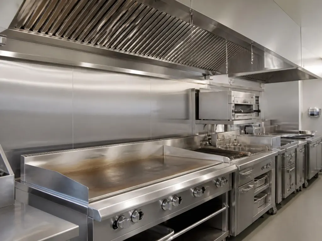 Stainless steel commercial restaurant kitchen line with a clean exhaust hood and flat-top grill