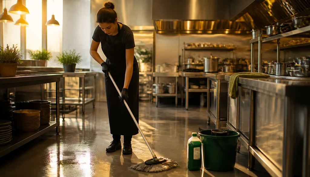 Commercial kitchen floor being mopped with eco-friendly cleaning products