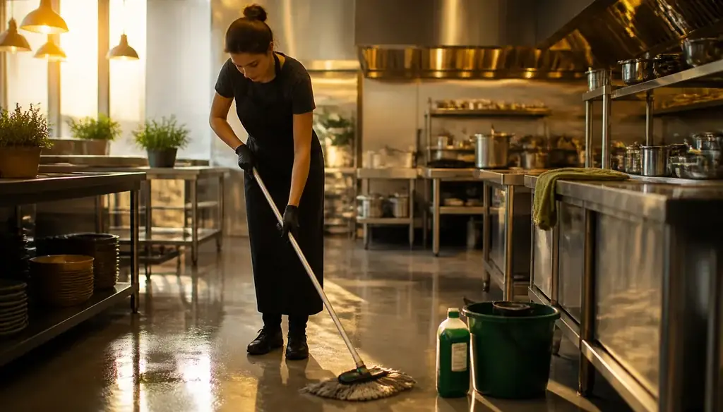 Commercial kitchen floor being mopped with eco-friendly cleaning products