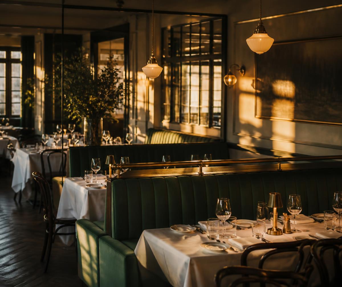 Warm restaurant dining room set for evening service