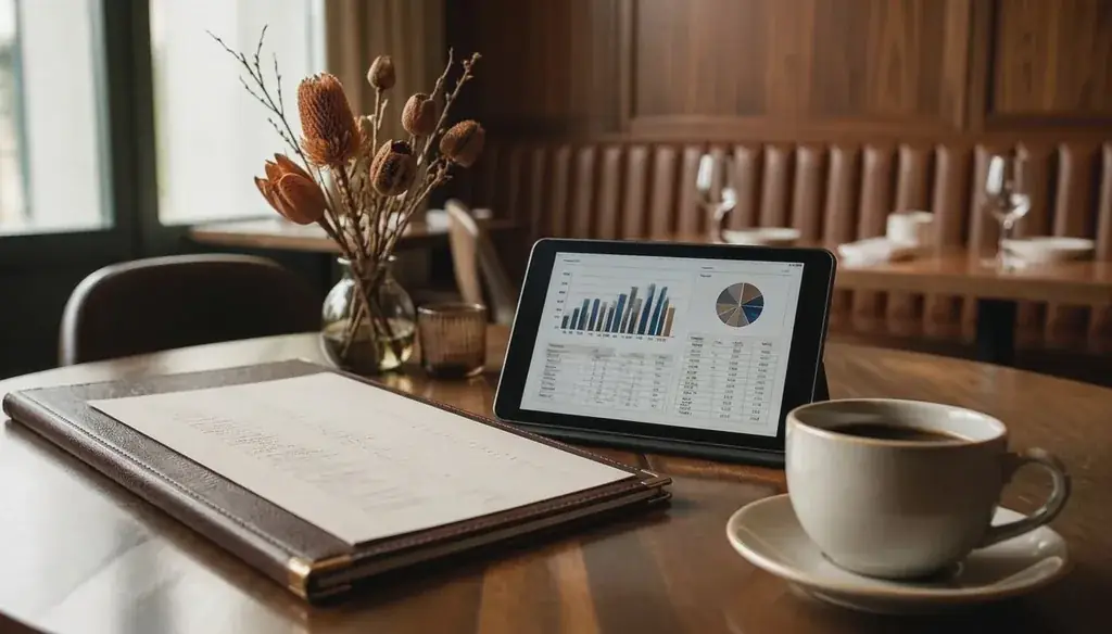 Menu engineering and prime cost analysis: menu, tablet and coffee on a restaurant table