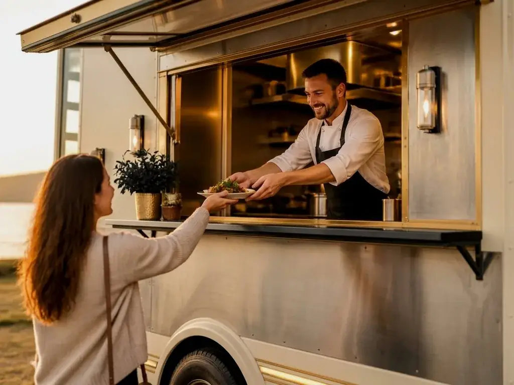 Food truck consulting: modern mobile kitchen at golden hour with serving window open