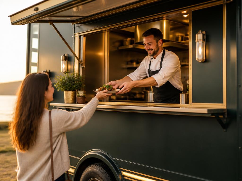 Modern food truck at golden hour with serving window open